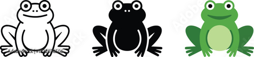 Minimalist black outline drawing of cartoon frog sitting on transparent background design element