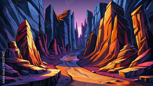 rocky canyon with faint nighttime illumination, deep shadows between massive stones, and a tense mysterious atmosphere dominating the rugged landscape