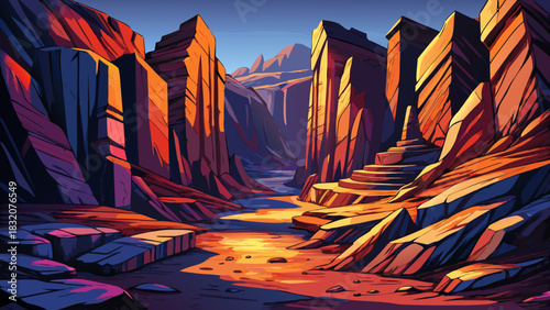 rocky canyon with faint nighttime illumination, deep shadows between massive stones, and a tense mysterious atmosphere dominating the rugged landscape