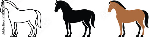 Outline vector icon set of horse standing in profile ideal for tattoo design or emblem use