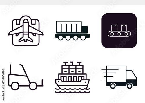 Modern outline icons for logistics and transportation, featuring air cargo, rail freight, sea shipping, road delivery, forklift, and conveyor belt, isolated on