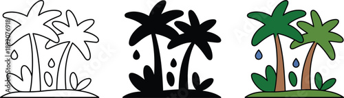 Tropical rainforest palm trees with dripping water droplets illustration set vector isolated on transparent background.