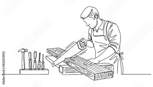 Carpenter sawing wood continuous line drawing woodworking tools