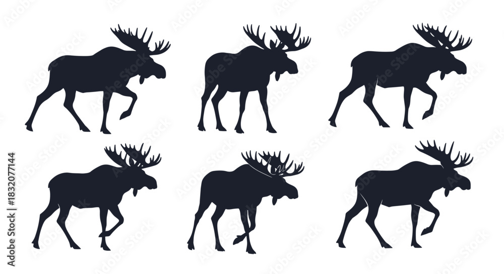 Obraz premium A collection of six stylized dark moose silhouettes with characteristic large antlers, depicted in various walking poses against a pristine white background.