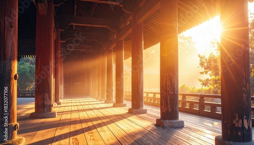 A wooden corridor of a Japanese temple is illuminated by the warm sunlight, creating a golden hour atmosphere.