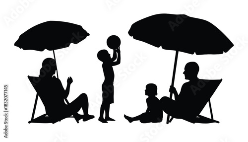 Family beach vacation silhouette with umbrellas and deck chairs