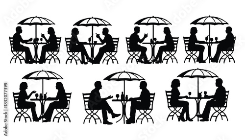 Romantic outdoor cafe silhouettes couples dining and conversation