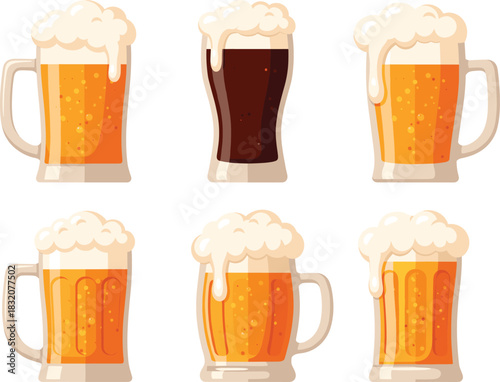 Flat Design Craft Beer Mugs and Glasses Vector Set, Pub Culture, Ale, and Celebration Icons