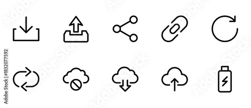 download upload share sync cloud link battery icon set on white background