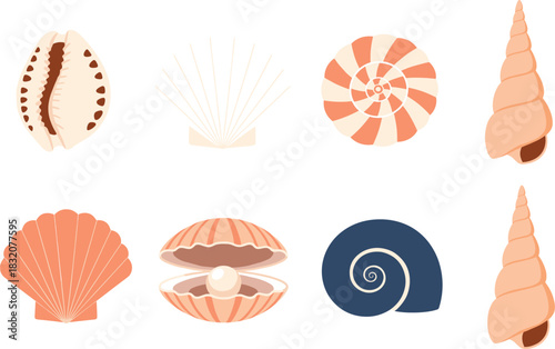 Seashell and Marine Life Vector Set, Ocean Shells, Scallop, Pearl, and Nautical Icons