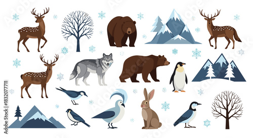 Colorful illustration of winter animals, including deer, bears, wolves, and birds, with snowy mountains, bare trees, and falling snowflakes.
