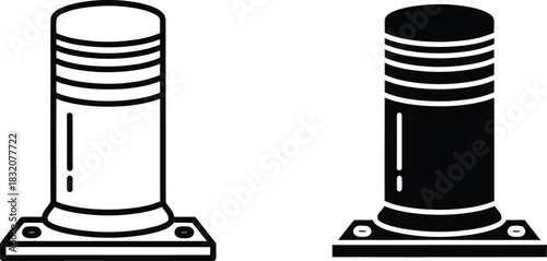 Two traffic bollards one outlined and one solid vactor black on white road safety barrier