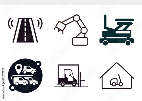 A collection of modern logistics and transportation icons, including smart road technology, industrial robotic automation, material handling equipment, and fleet management solutions
