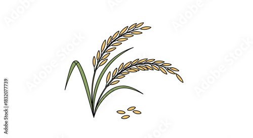 A stylized illustration depicting mature rice plants with golden grains ready for harvest, symbolizing agricultural abundance and staple food.