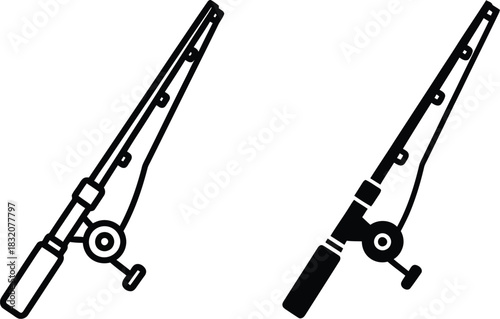 Two vactor black and white fishing rods with reels on white background fishing pole