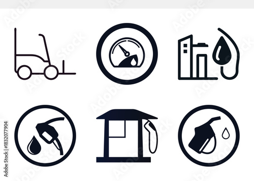 A modern collection of vector icons illustrating essential concepts of fuel, energy, and transportation, featuring gas stations, vehicle refueling, industrial vehicles, and fuel gauges