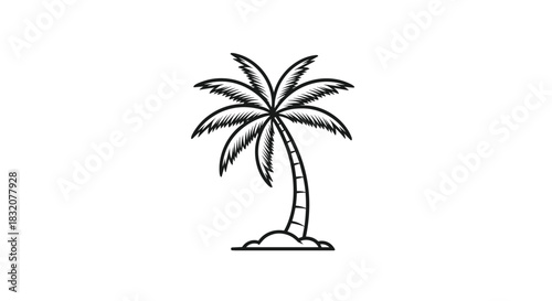 Minimalist black and white line art illustration depicting a tropical palm tree with a curved trunk and lush fronds, resting on a sandy base.