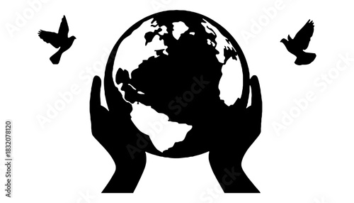 Peaceful world concept with hands holding globe and birds flying