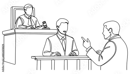 Courtroom sketch of trial with judge lawyer and defendant