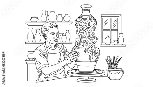 Coloring page pottery artist creating vase line art drawing