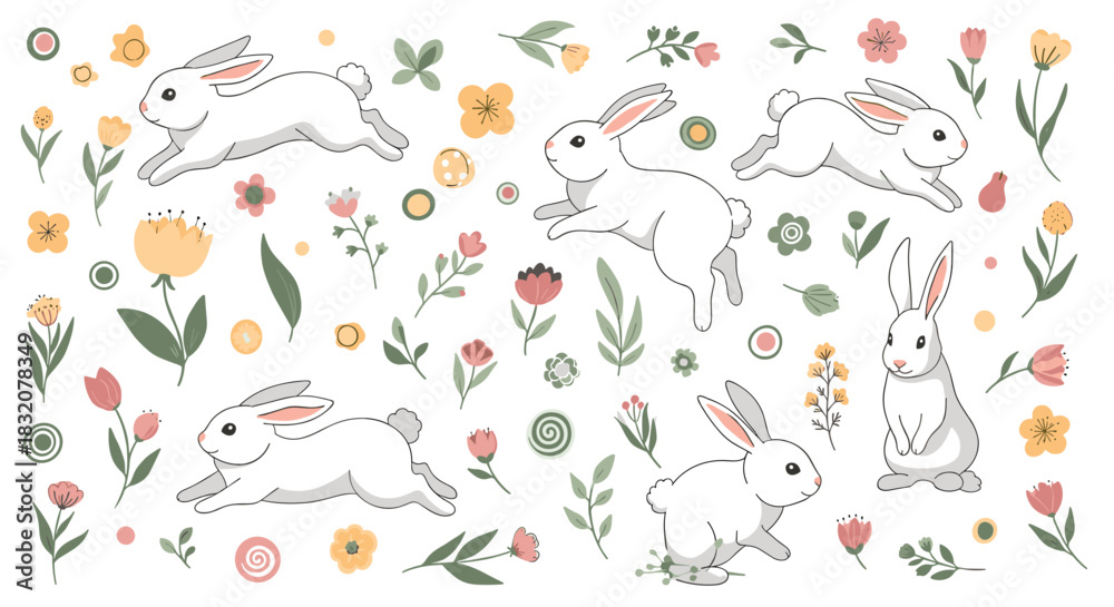 Naklejka premium Whimsical springtime pattern with adorable white rabbits surrounded by a colorful array of blooming flowers and natural foliage.