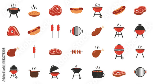 Flat design vector icons of barbecue food and equipment, including grills, steak, chicken, hot dogs, and skewers, perfect for summer menus.