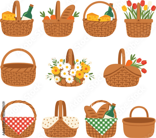 Vector Illustration Set of Woven Wicker Baskets, Picnic, Shopping, Flowers, and Spring/Summer Decor