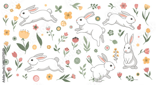 Whimsical springtime pattern with adorable white rabbits surrounded by a colorful array of blooming flowers and natural foliage.