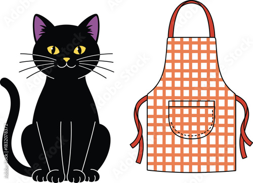 Vector Illustration of Cute Black Cat and Checkered Kitchen Apron, Cooking, Pets, and Home Life