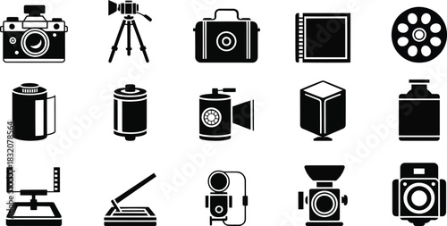 Black photography equipment icons on white background