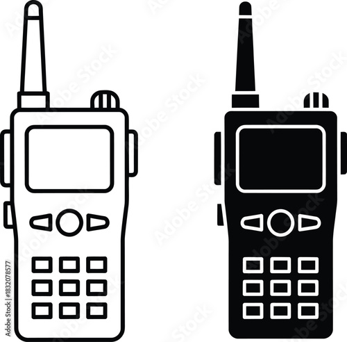 Two walkie talkies one outline one solid vactor black icon radio communication