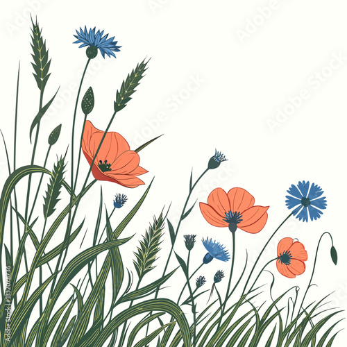 Vibrant illustration of red poppies and blue cornflowers blooming amidst green grass and wheat stalks
