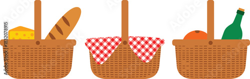 Vector Illustration Set of Picnic Baskets with Food and Wine, Outdoor Lunch, and Summer Recreation
