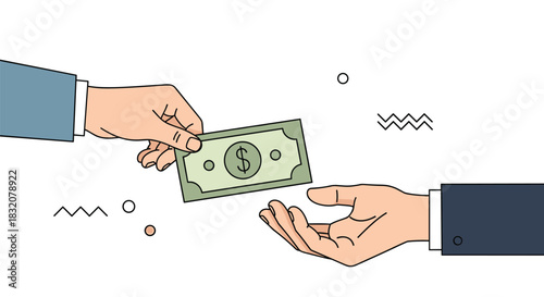 A hand in a business suit extends a dollar bill to an open hand, symbolizing a financial transaction or payment.