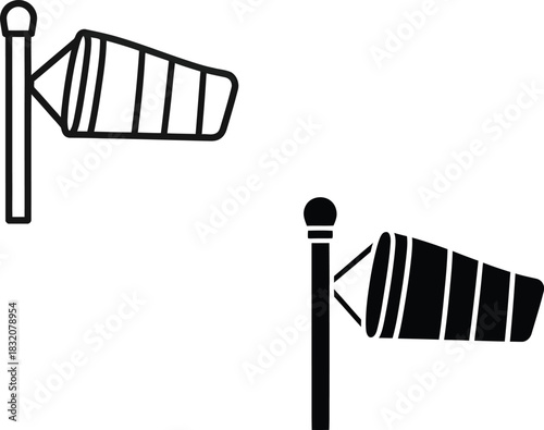 Two windsock icons one outline one solid vactor black on white background wind sock