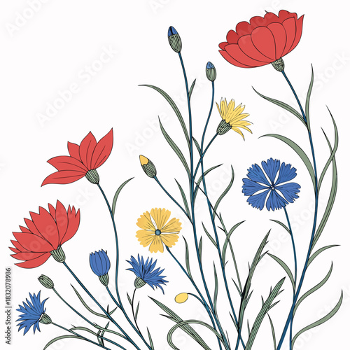 Stylized illustration of red poppies blue cornflowers and yellow daisies with green stems and buds