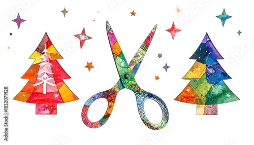Colorful Abstract Christmas Trees and Artistic Scissors Illustration.