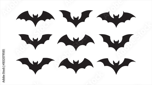 Black bat icon set featuring stylized night creature silhouettes ideal for horror graphics, decorations, and seasonal illustrations.