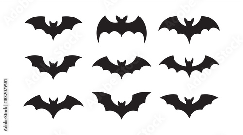 Solid bat silhouette icon collection with various wing shapes and flying positions perfect for Halloween and spooky design themes.