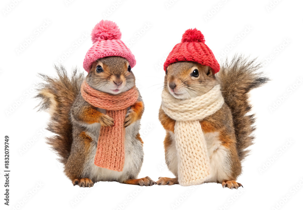 Fototapeta premium Two adorable squirrels wearing knitted winter hats and scarves, isolated on a transparent background