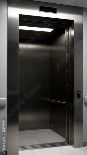 A modern, open elevator with steel paneling, revealing the interior cabin