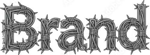 Brand word text design concept made of sharp metallic barbed wire fence symbol of marketing identity and dangerous challenges ahead in industrial grunge steel style.