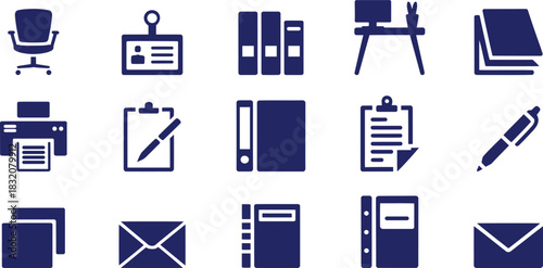 Dark blue office and business icons on white