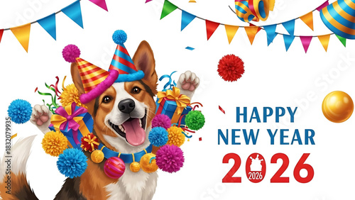 Happy New Year 2026 with a festive Corgi illustration celebration.