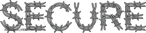 Secure word text design concept made of sharp metallic barbed wire fence symbol of safety protection and dangerous challenges ahead in industrial grunge steel style.