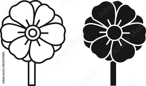 Vactor Black and white graphic of a stylized flower with petals and stem icon symbol