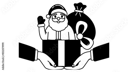 Santa claus in a box with bag of gifts being held by two hands black