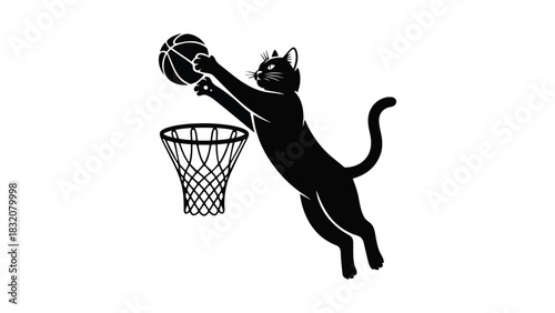 Black cat silhouette dunking a basketball into a basketball hoop net