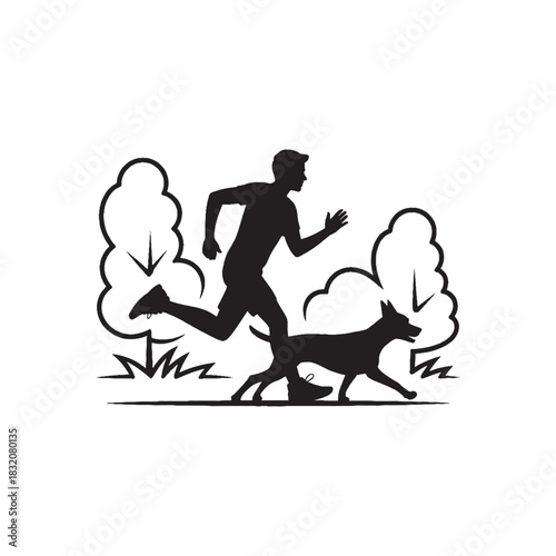 A conceptual depiction of a man and his dog enjoying an invigorating run outdoors through a scenic park, symbolizing companionship and an active healthy lifestyle