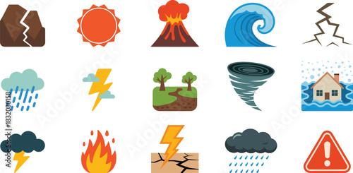 Flat design icons representing natural disasters